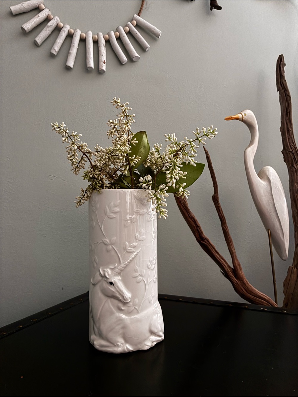 Vintage Japanese White Ceramic Unicorn Embossed Vase with Floral Unicorn